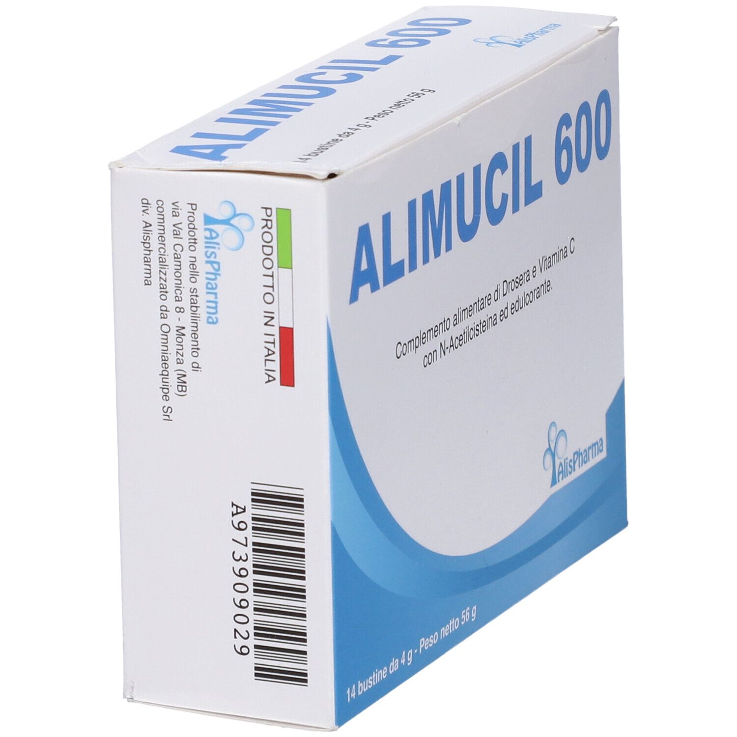 Scatola "Alimucil 600", vista laterale. Informazioni, logo e etichetta "Prodotto in Italia".