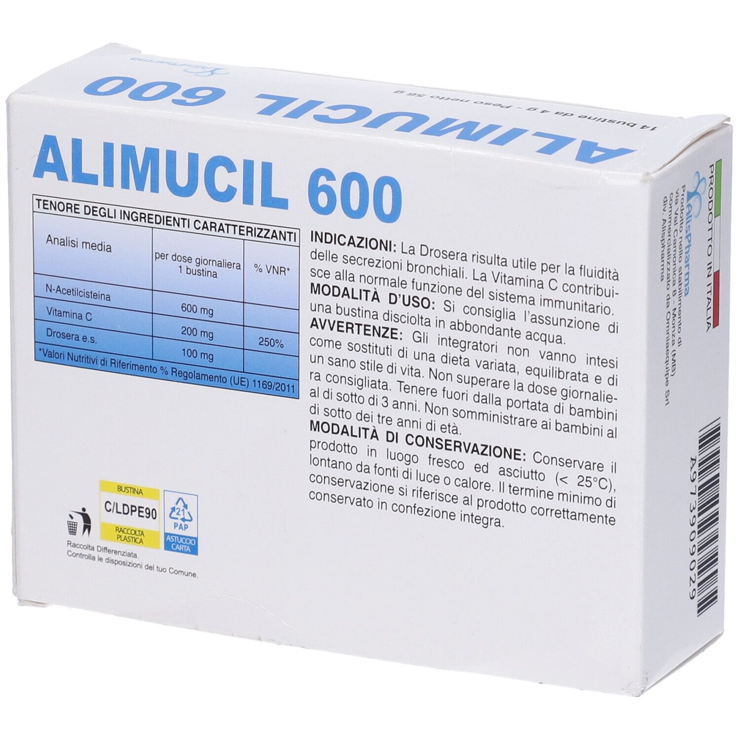 Retro della scatola "Alimucil 600". Contiene informazioni, ingredienti e istruzioni per l'uso.