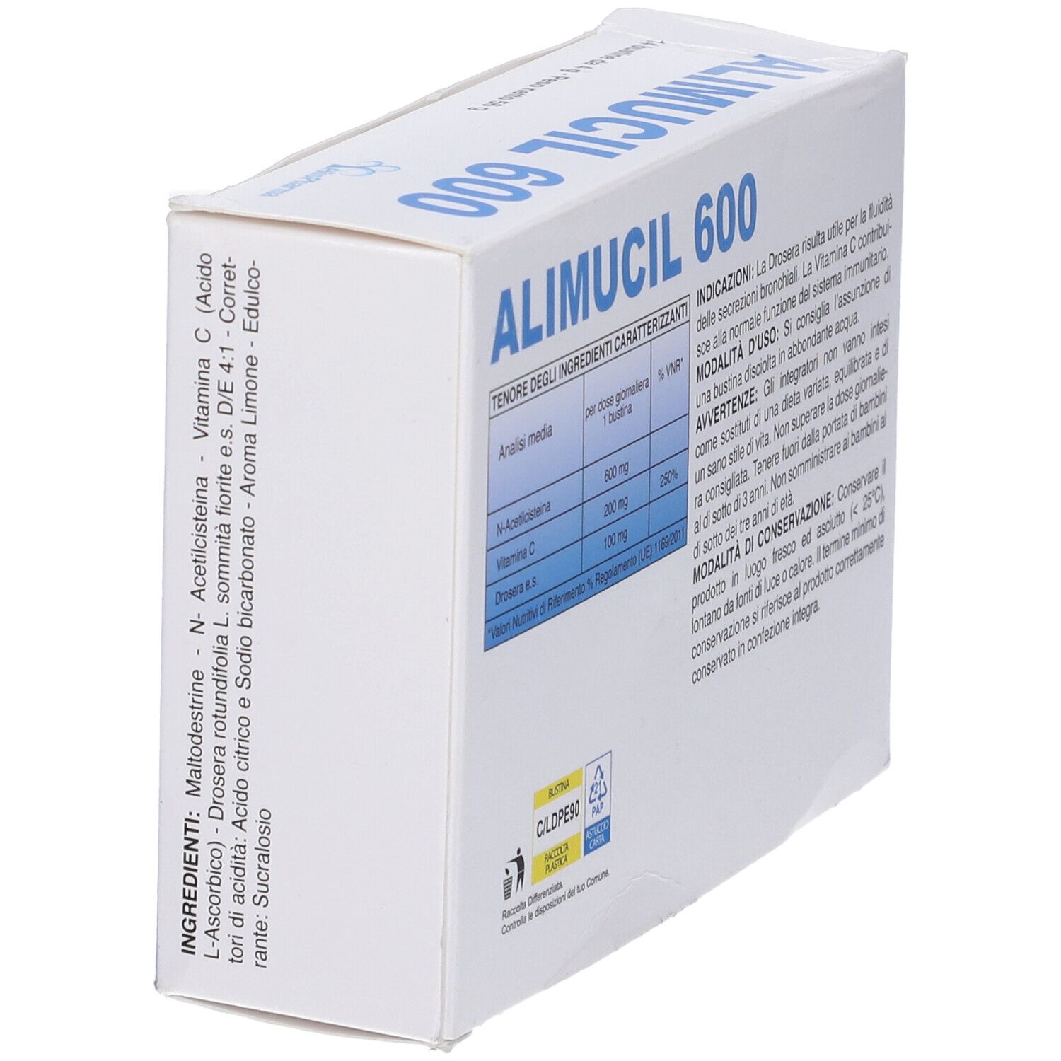 Scatola "Alimucil 600", retro. Ingredienti, istruzioni e informazioni nutrizionali.