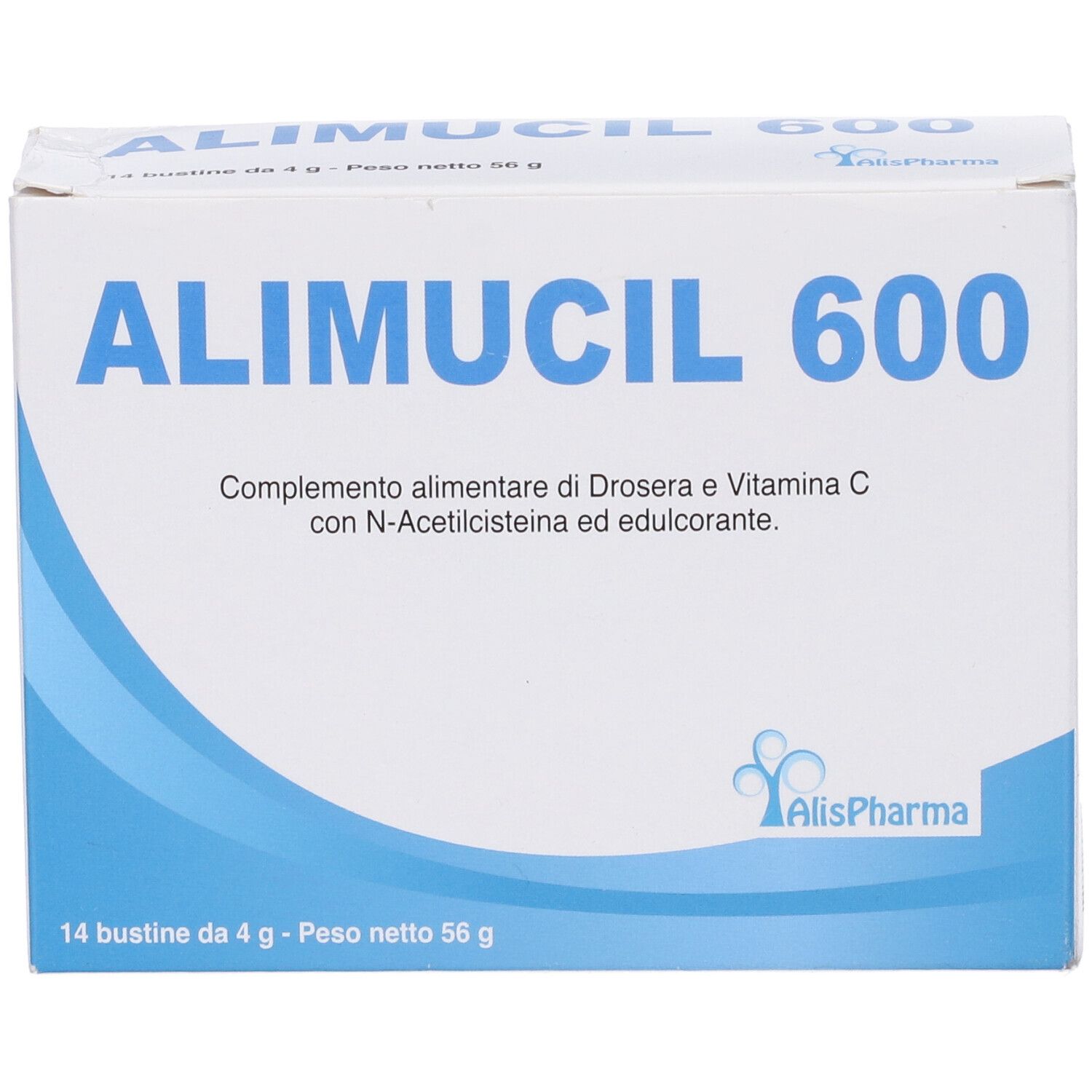 Scatola "Alimucil 600" con 14 bustine. Confezione bianca e blu con informazioni sul prodotto.