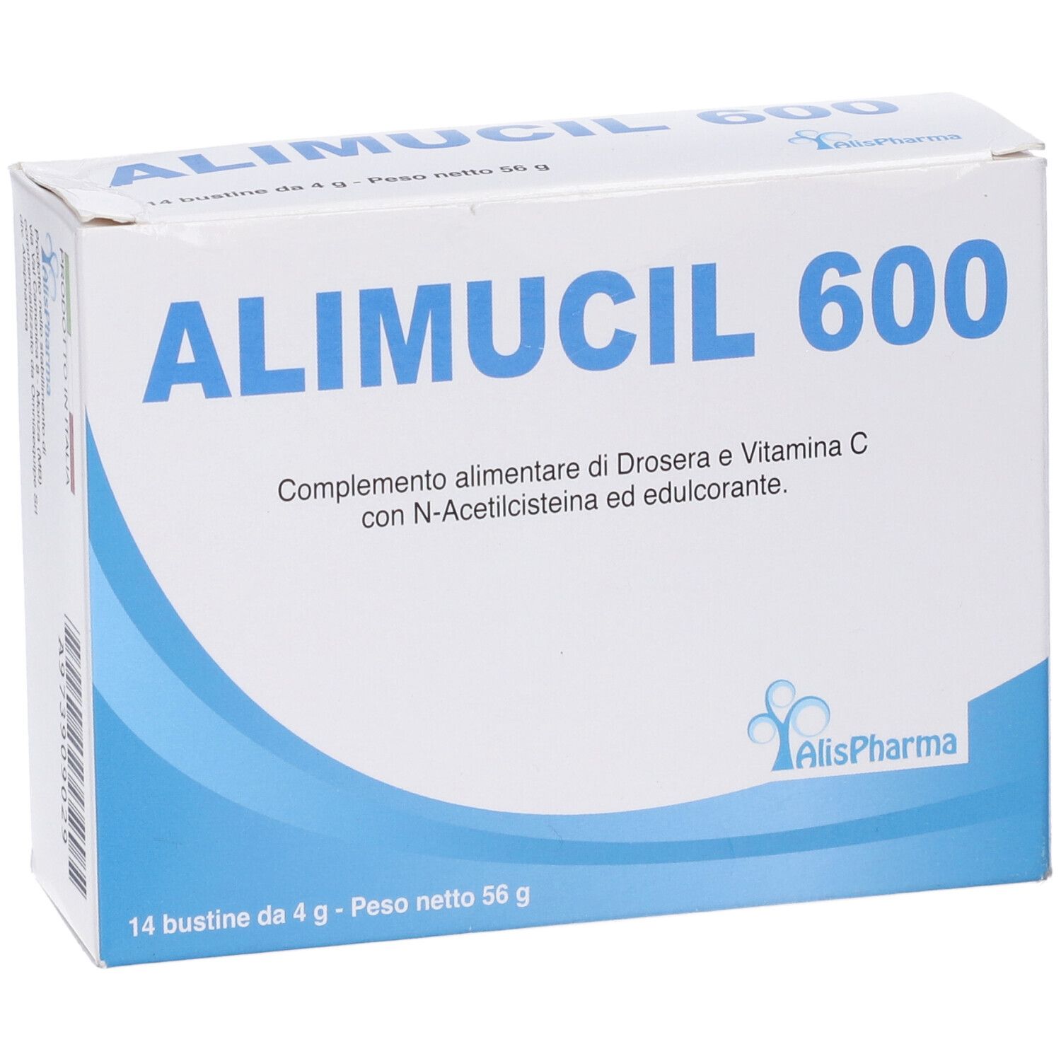 Scatola "Alimucil 600" con 14 bustine. Confezione bianca e blu con informazioni sul prodotto.
