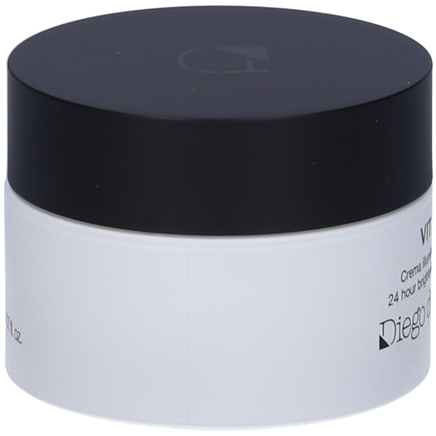 Vaso di crema con coperchio nero. Scritta: VITAMINA C, Diego dalla Palma.