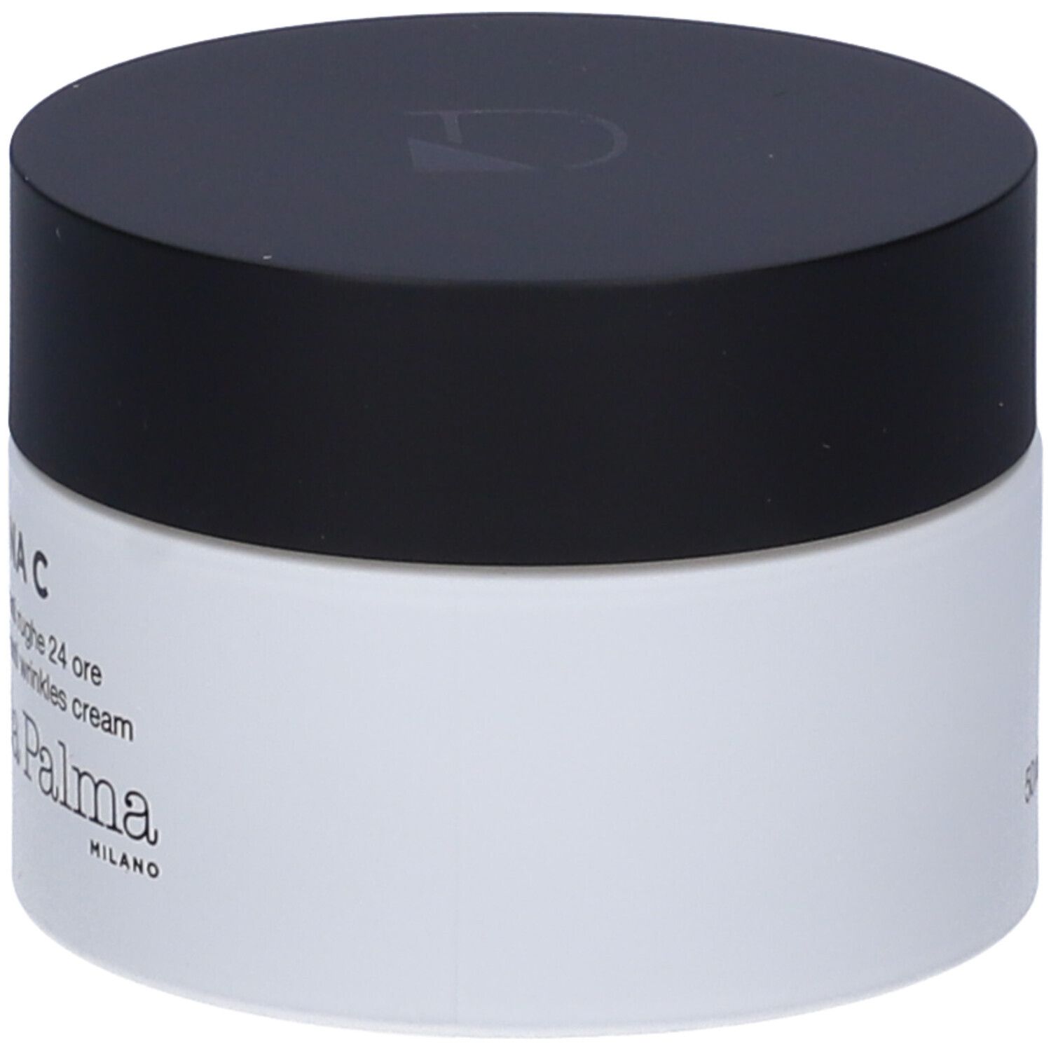 Vaso di crema con coperchio nero. Scritta: VITAMINA C, Diego dalla Palma.