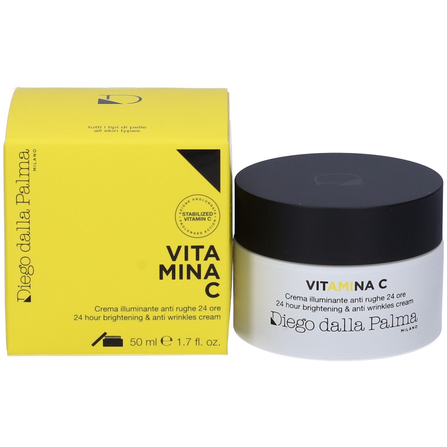 Vaso di crema e scatola gialla. Scritta: VITAMINA C, Crema illuminante anti rughe 24 ore, Diego dalla Palma.