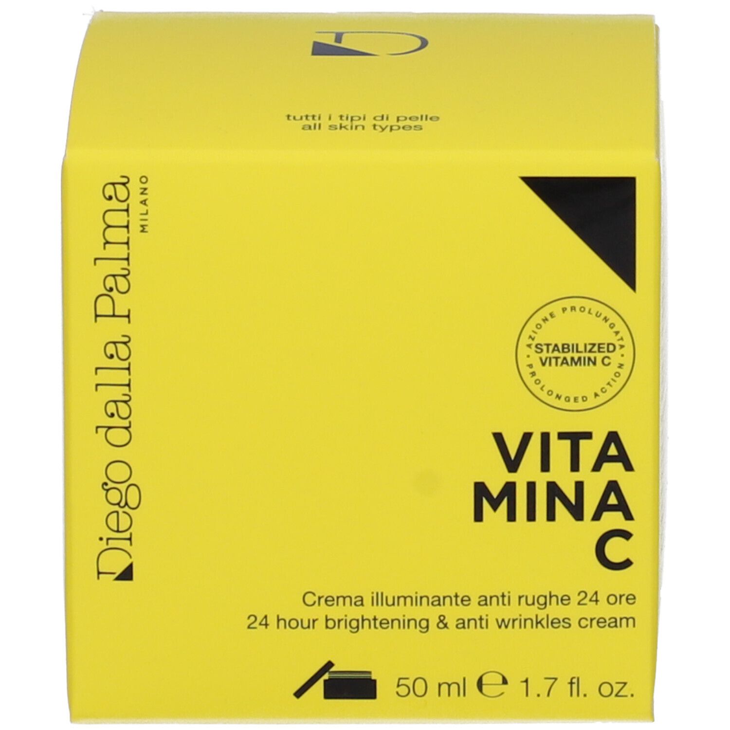 Scatola gialla. Scritta: VITAMINA C, Crema illuminante anti rughe 24 ore, Diego dalla Palma.