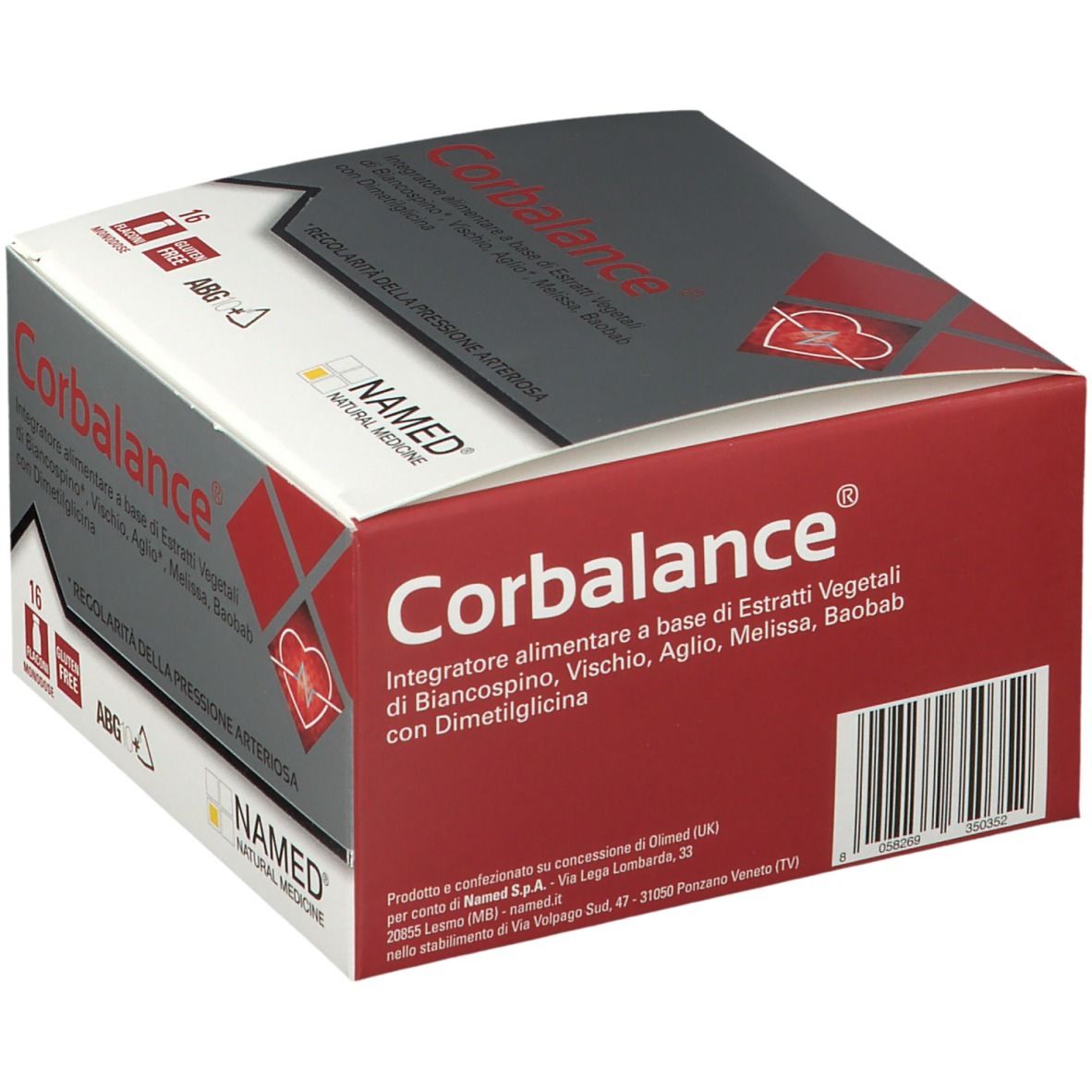 Scatola di Corbalance®. Confezione rossa e bianca con nome e logo. Vista dettagliata.