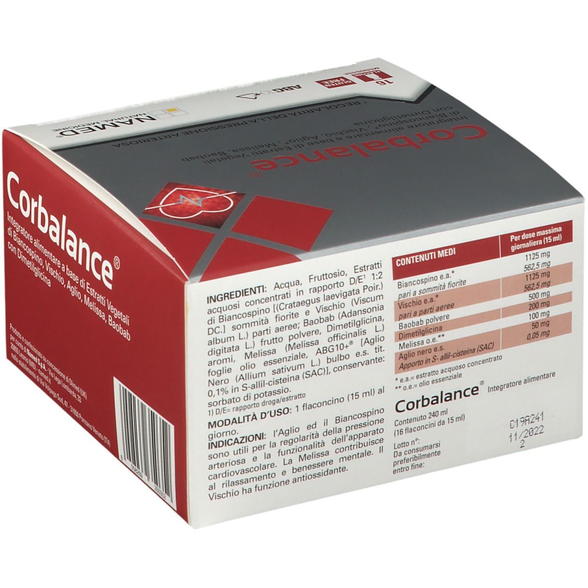 Confezione Corbalance®. Contiene informazioni su ingredienti e uso. Scatola rossa e bianca.