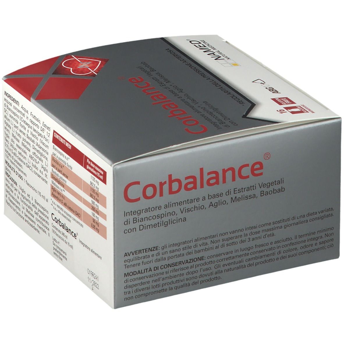 Confezione Corbalance®. Contiene informazioni su ingredienti e uso. Scatola rossa e bianca.