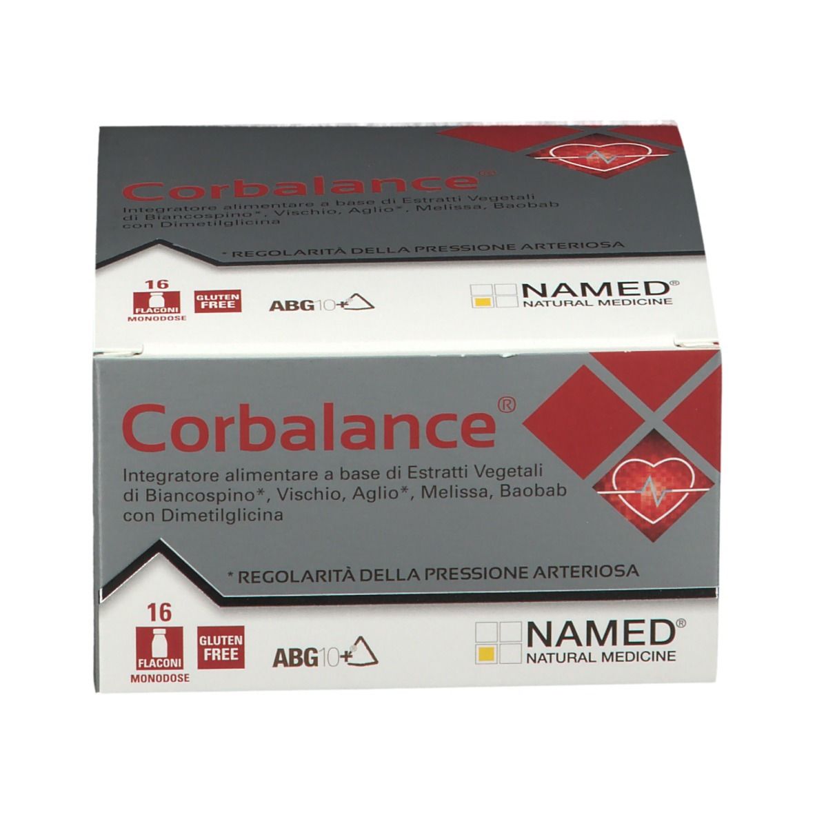 Confezione Corbalance®. Scatola rossa e bianca con nome e logo. 16 flaconcini.