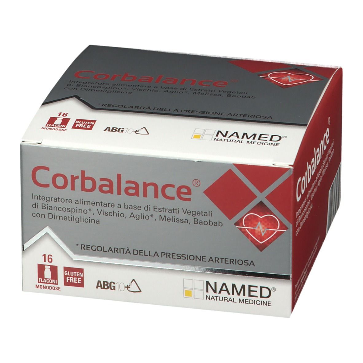 Confezione Corbalance®. Scatola rossa e bianca con nome e logo. 16 flaconcini.