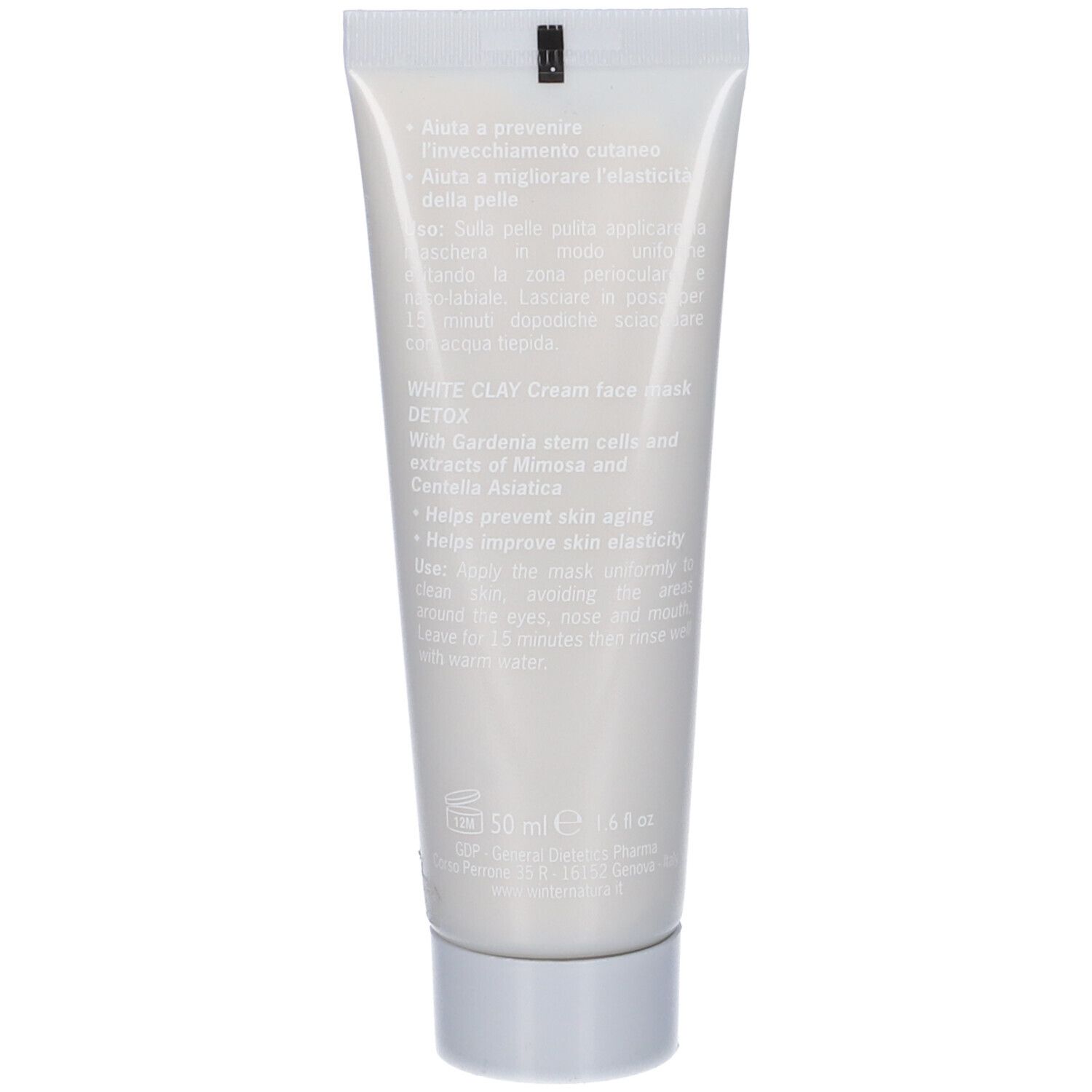 Retro di un tubo di maschera viso. Testo in italiano. 50 ml.