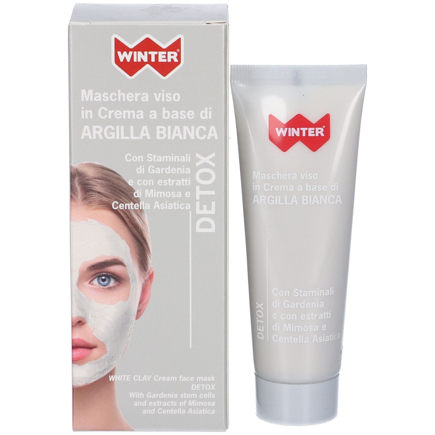 Maschera viso in tubo e scatola. Sul tubo c'è scritto "Winter". Sulla scatola è raffigurato un viso con maschera.