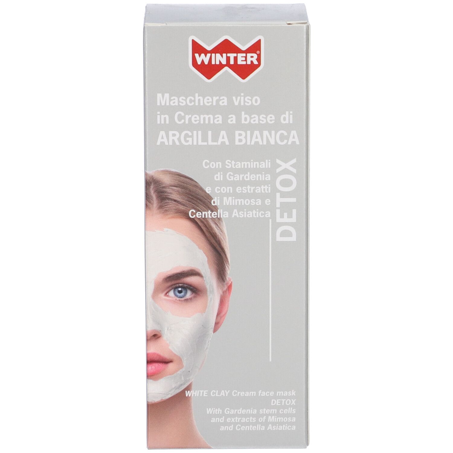 Scatola con maschera viso. Sulla scatola c'è scritto "Winter". Sulla scatola è raffigurato un viso con maschera.