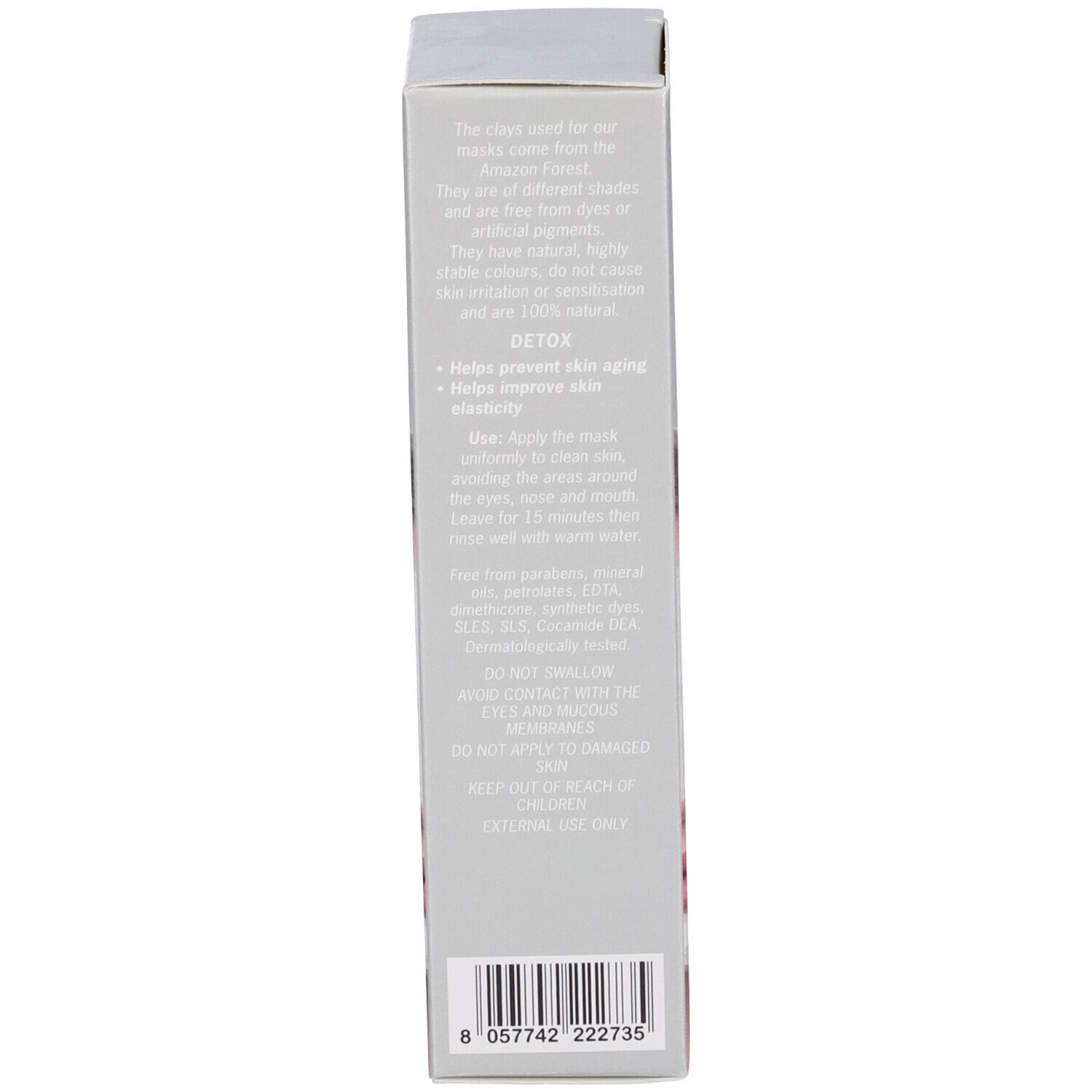 Retro della scatola della maschera viso. Testo in italiano. Codice a barre.