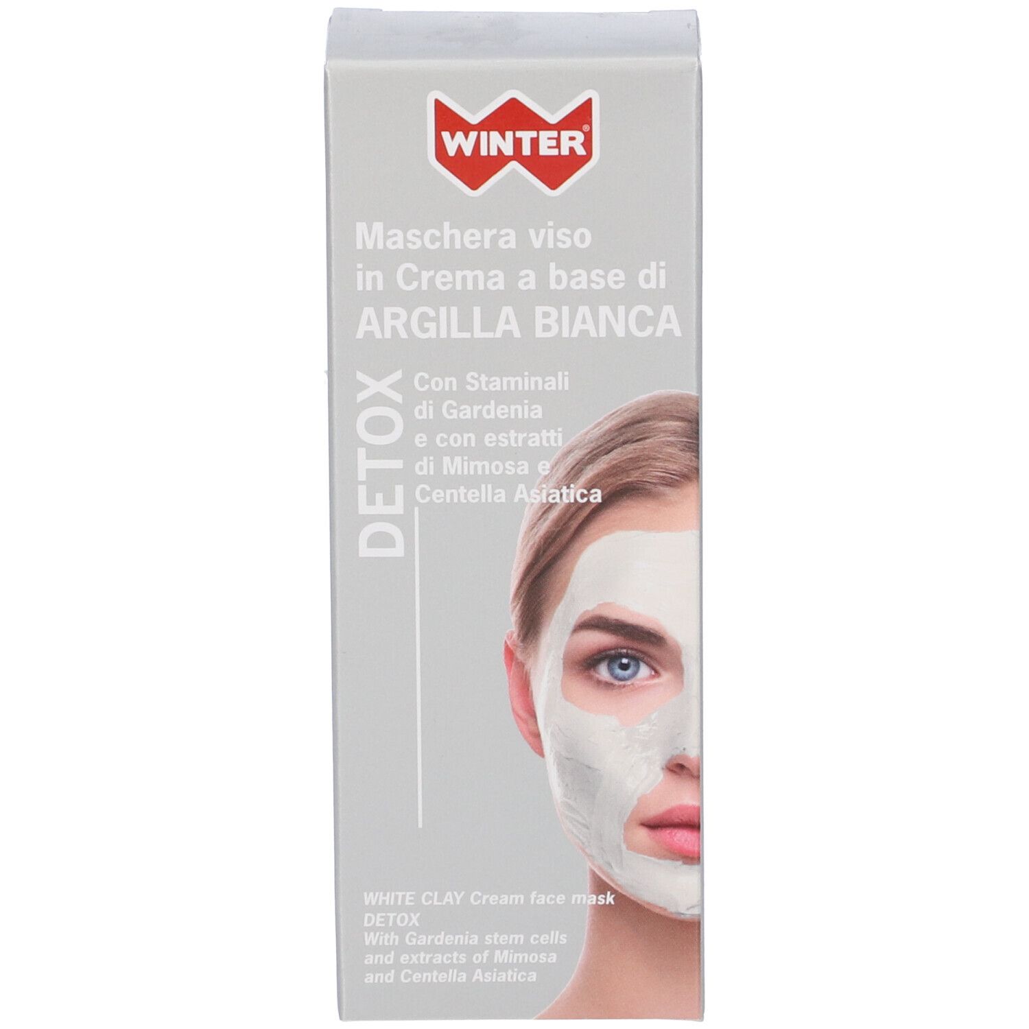 Scatola con maschera viso. Sulla scatola c'è scritto "Winter". Sulla scatola è raffigurato un viso con maschera.