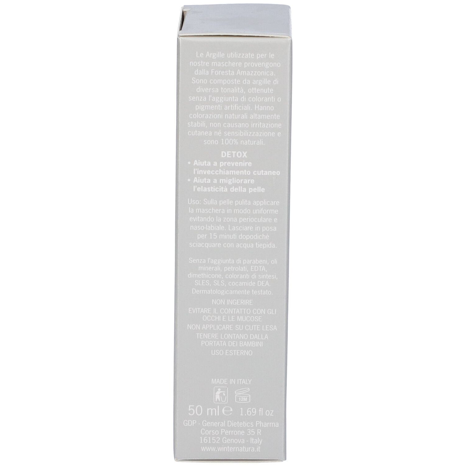 Lato della scatola della maschera viso. Testo in italiano. 50 ml.