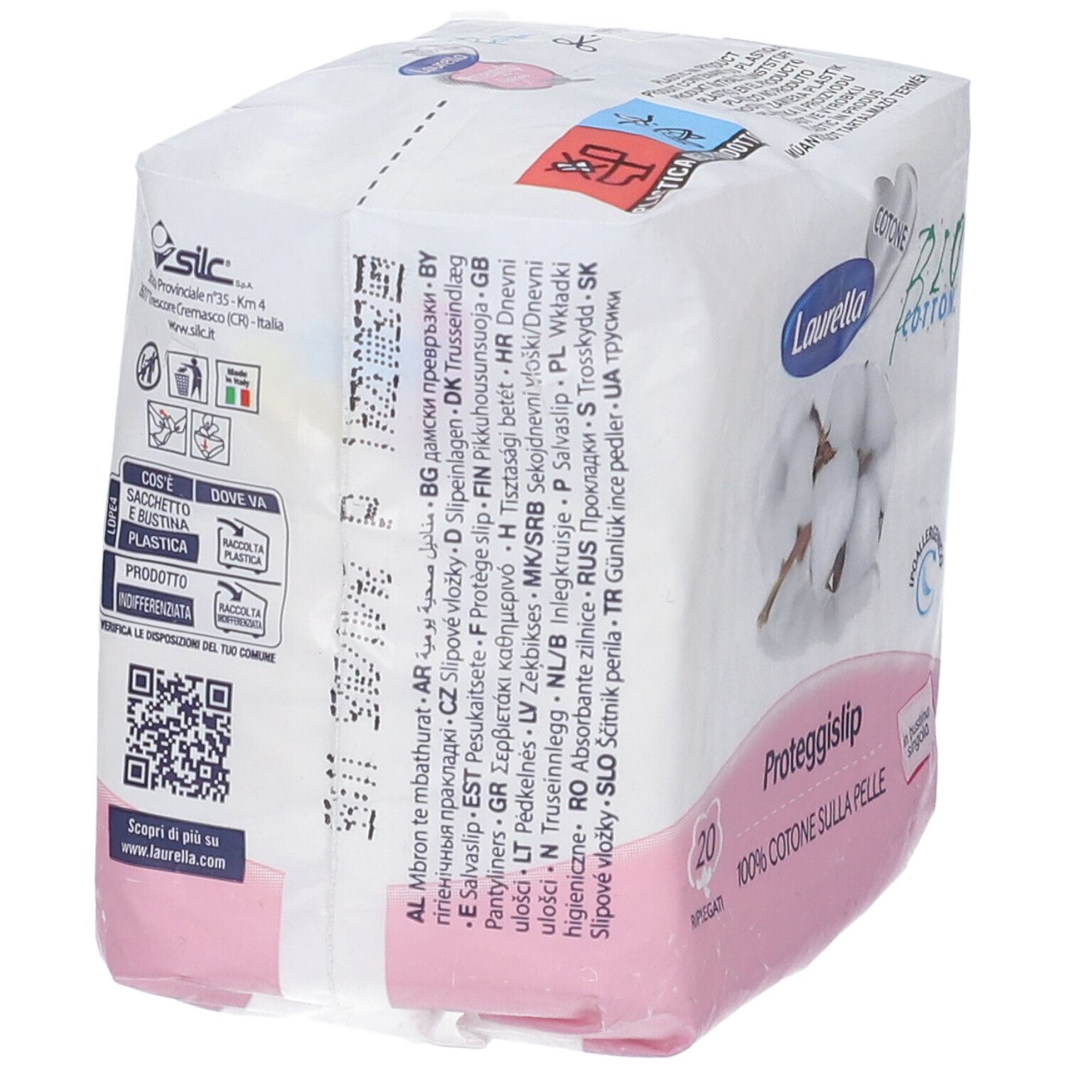 Confezione di Proteggislip Laurella. Testo multilingue. 20 pezzi. 100% cotone. Cotone bio.