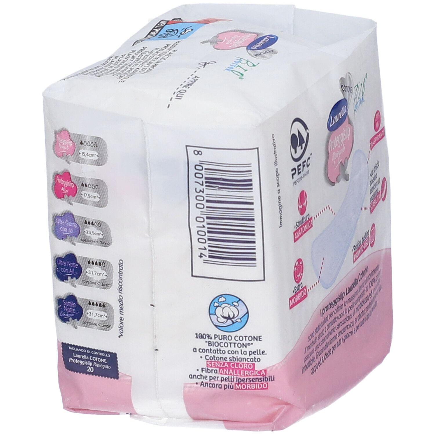 Confezione di Proteggislip Laurella. 20 pezzi. 100% cotone. Indicazioni taglie. Certificazione PEFC.