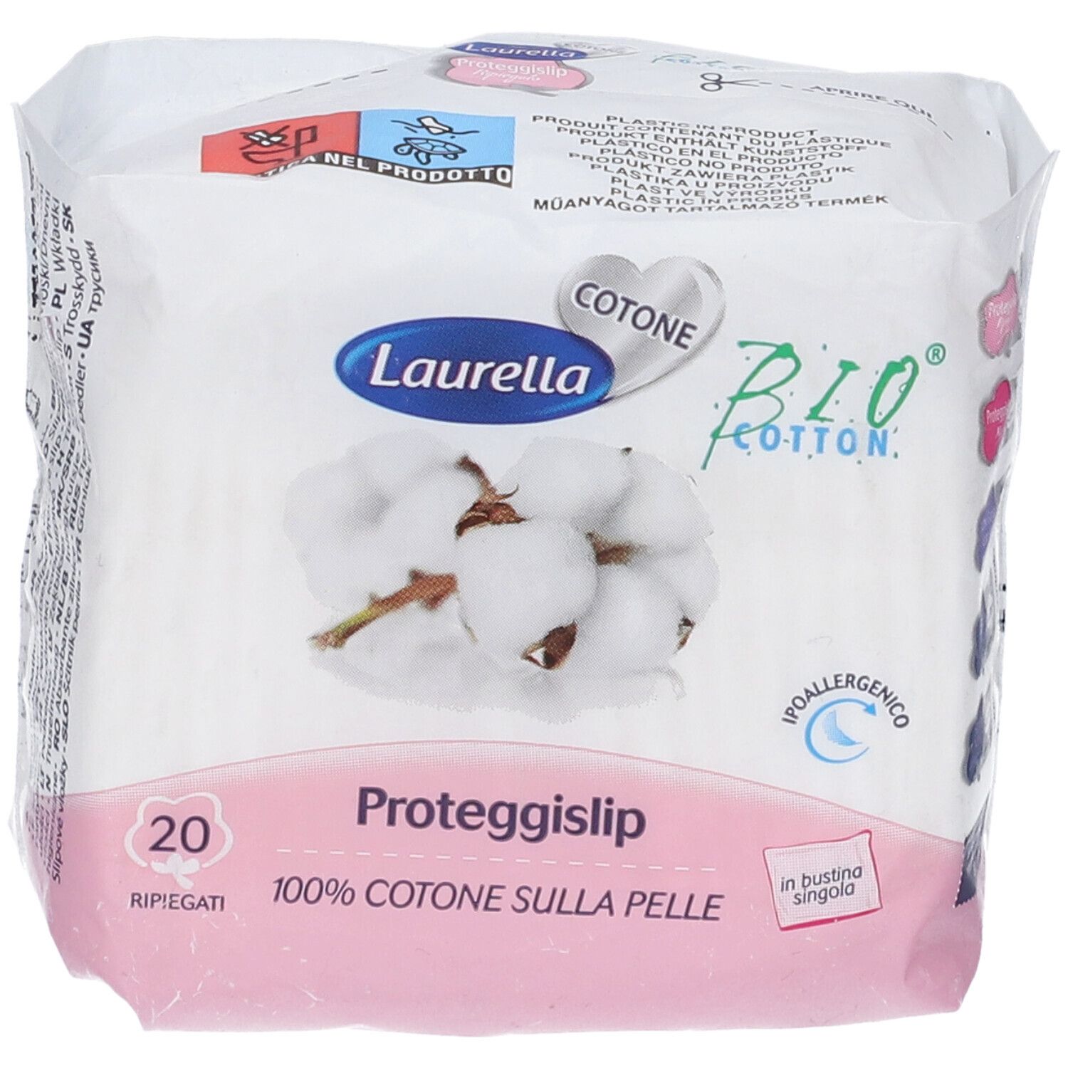 Confezione da 20 Proteggislip Laurella in cotone 100%. Cotone bio. Confezionati singolarmente. Ipoallergenico.