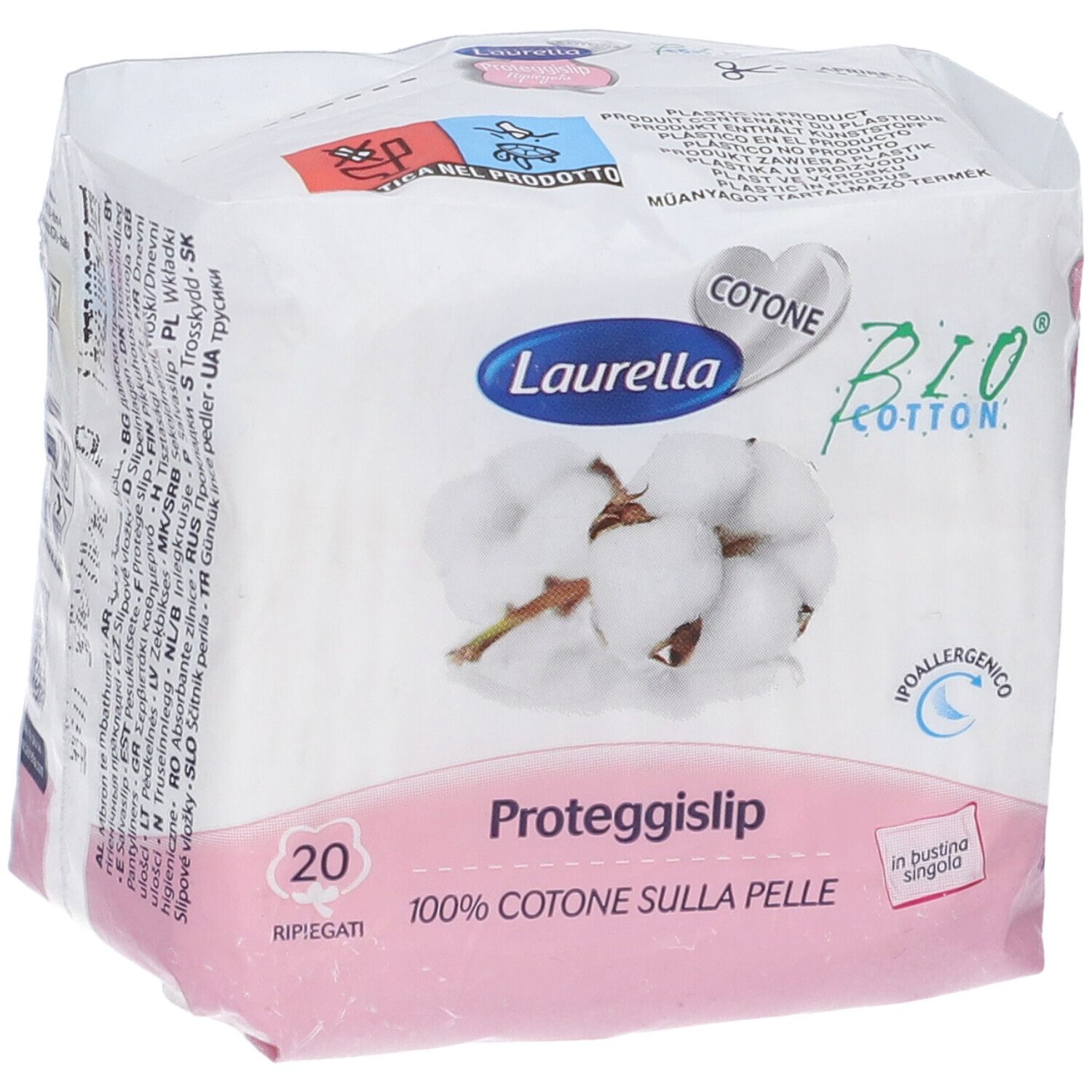 Confezione da 20 Proteggislip Laurella in cotone 100%. Cotone bio. Confezionati singolarmente. Ipoallergenico.
