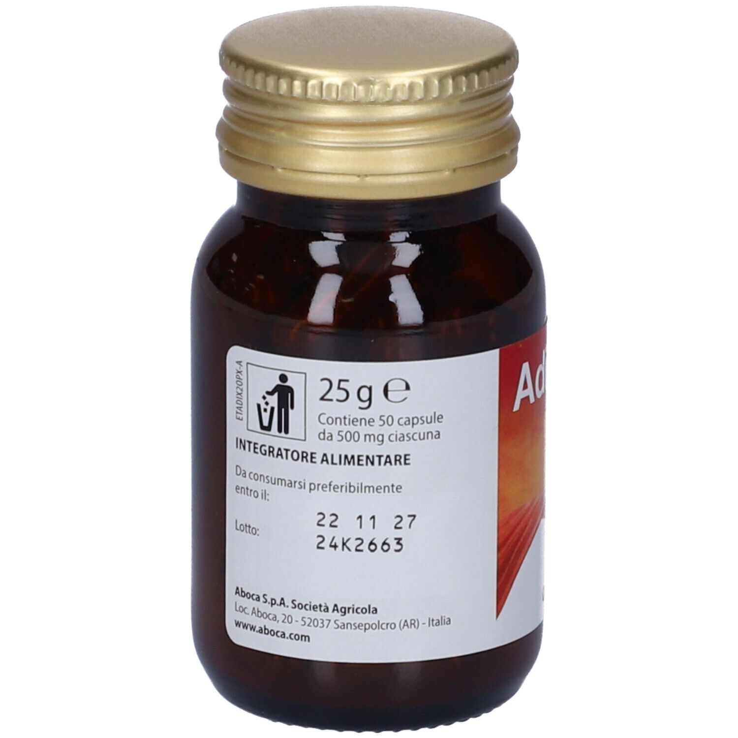 Flacone marrone, tappo dorato. Contiene capsule Adiprox Advanced. Informazioni sul retro.