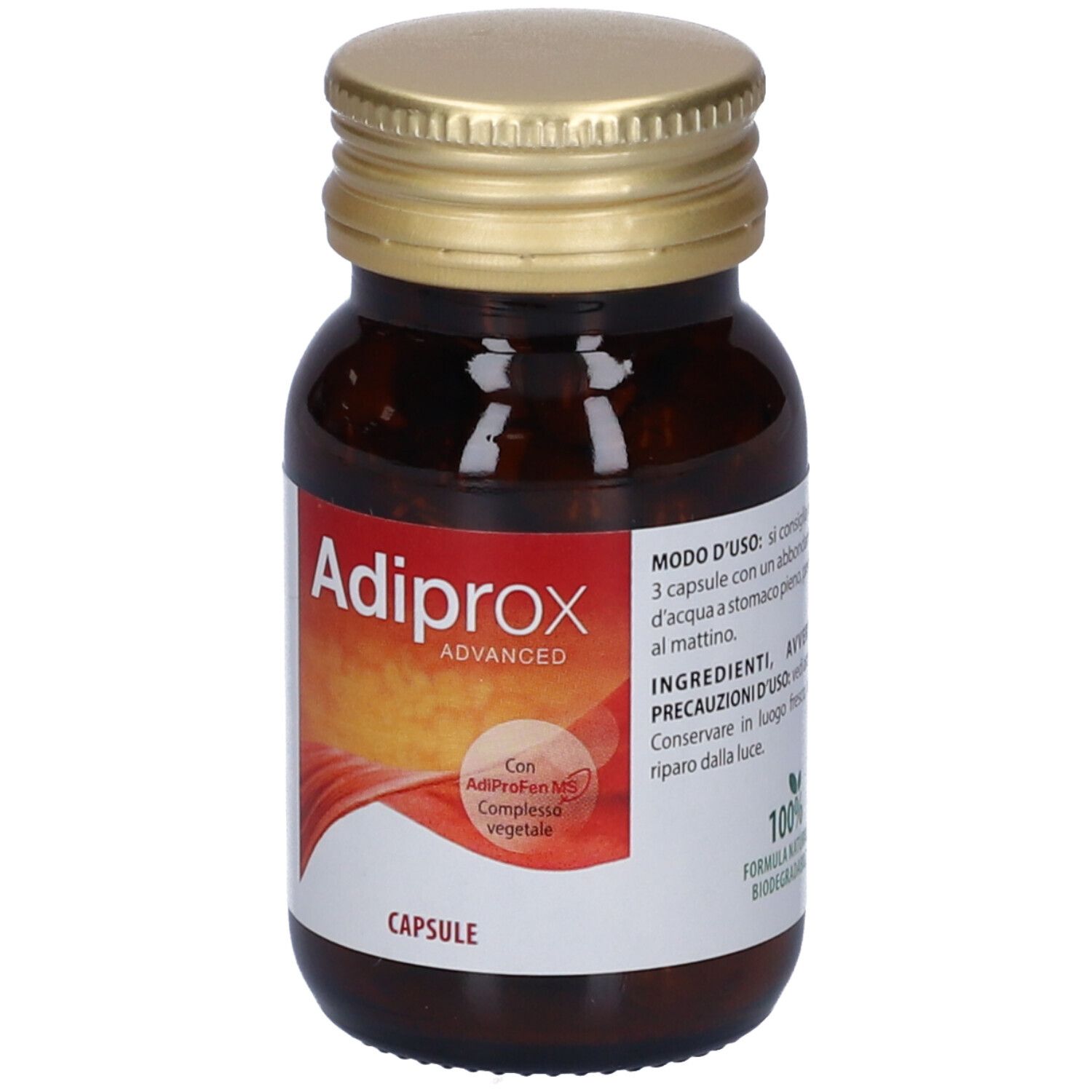 Flacone di vetro marrone con tappo dorato. Contiene capsule Adiprox Advanced.