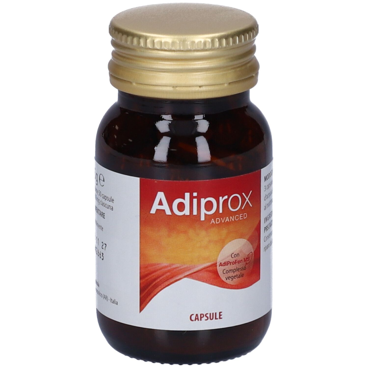 Flacone di vetro marrone con tappo dorato. Contiene capsule Adiprox Advanced.