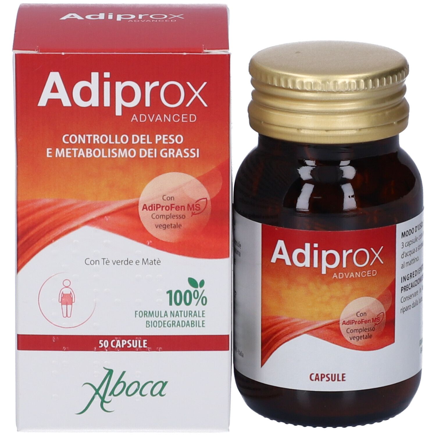 Confezione e flacone Adiprox Advanced. Scatola rossa e flacone marrone con capsule.
