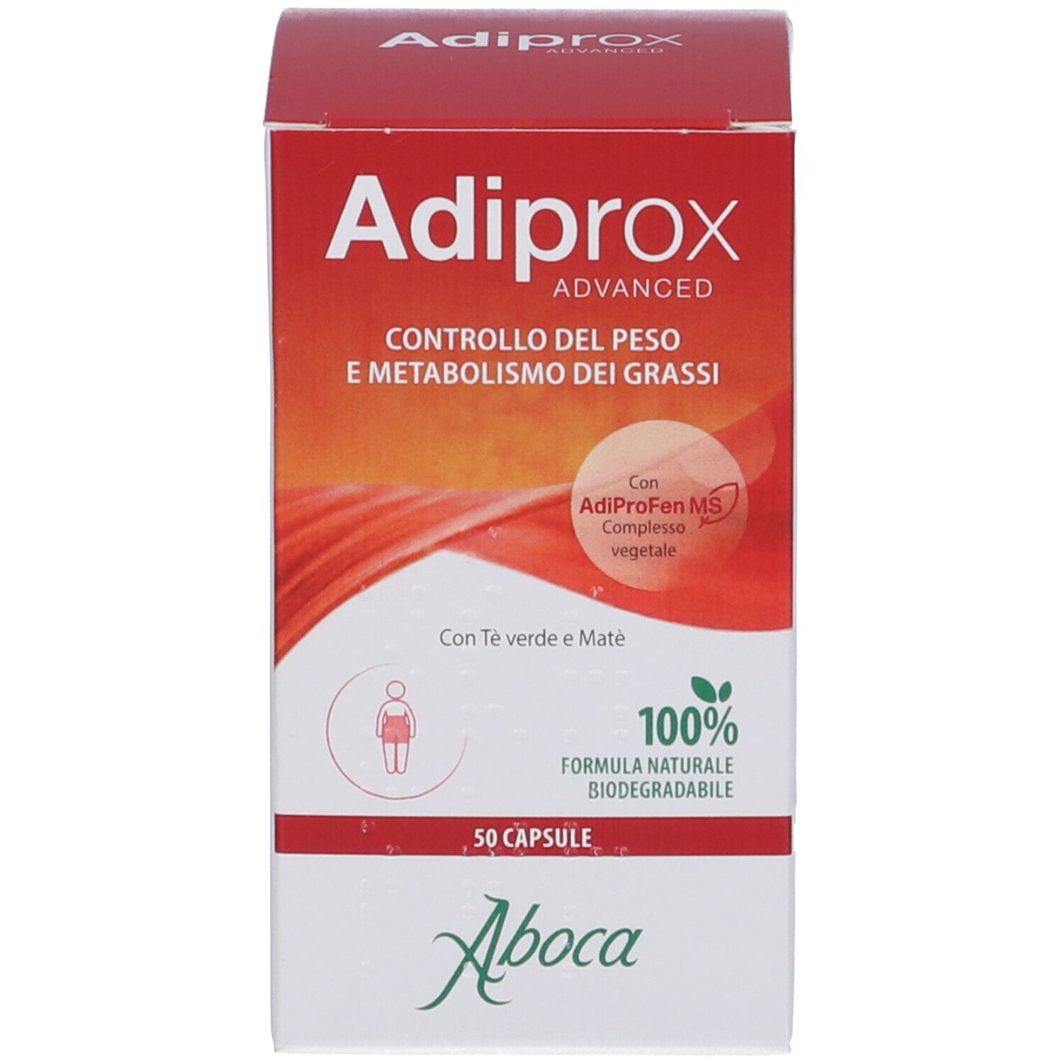 Confezione Adiprox Advanced. Scatola rossa con informazioni sul prodotto e logo.