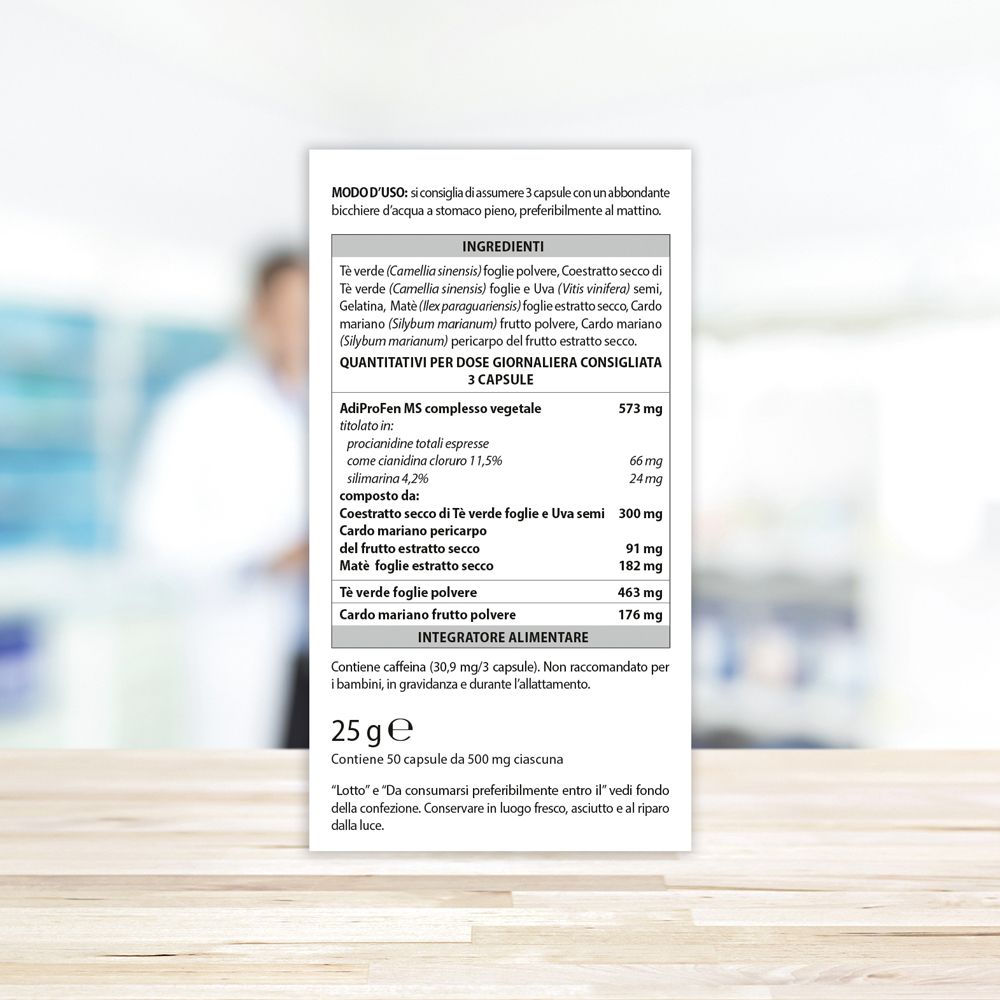 Retro della confezione Adiprox Advanced. Ingredienti, istruzioni per l'uso e informazioni sul produttore.