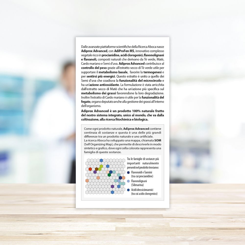 Flacone di vetro marrone con tappo dorato. Contiene capsule Adiprox Advanced.