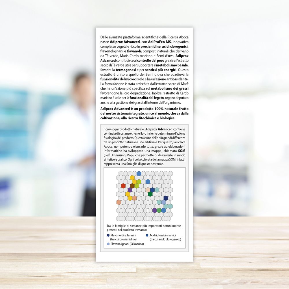 Retro della confezione del prodotto. Testo: Informazioni scientifiche, Aboca. Sfondo sfocato.