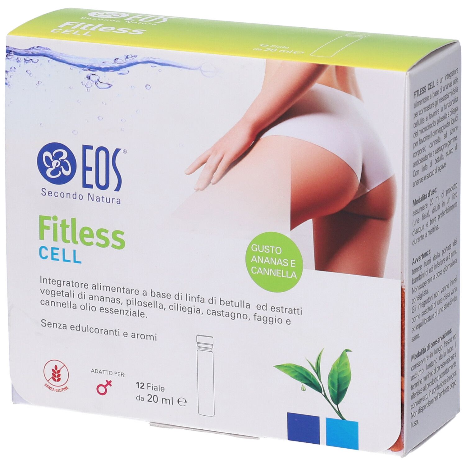 Confezione Eos Fitless Cell, 12 fiale da 20 ml. Logo e nome del prodotto visibili. Immagine di una donna. Gusto ananas e cannella.