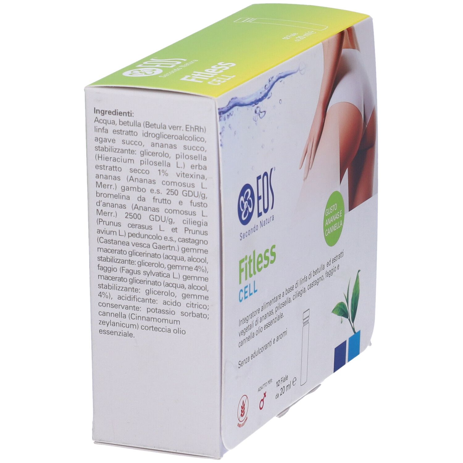 Vista laterale della confezione Eos Fitless Cell. 12 fiale da 20 ml. Logo e nome del prodotto visibili. Ingredienti.