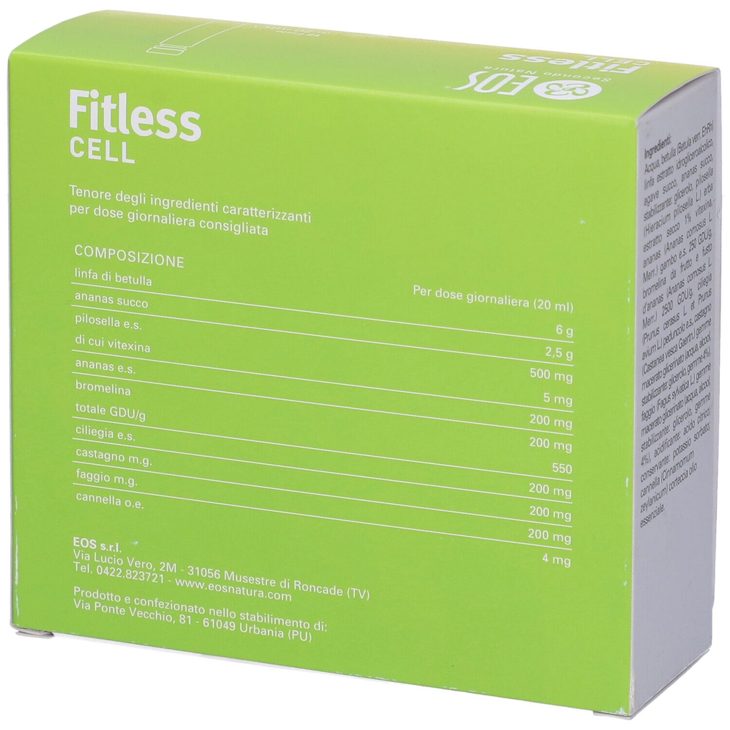 Retro della confezione Eos Fitless Cell. 12 fiale da 20 ml. Logo e nome del prodotto visibili. Ingredienti.