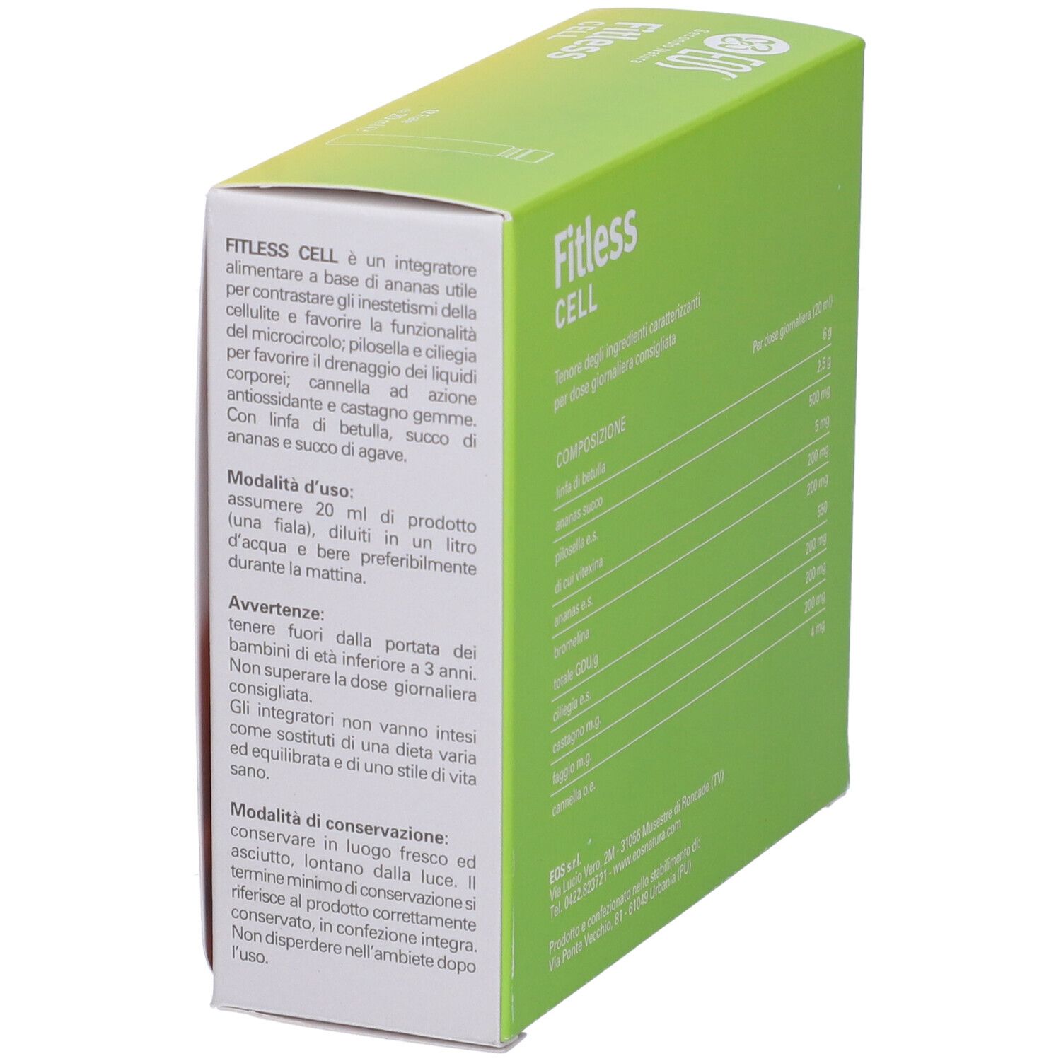 Vista laterale della confezione Eos Fitless Cell. 12 fiale da 20 ml. Logo e nome del prodotto visibili. Istruzioni per l'uso.