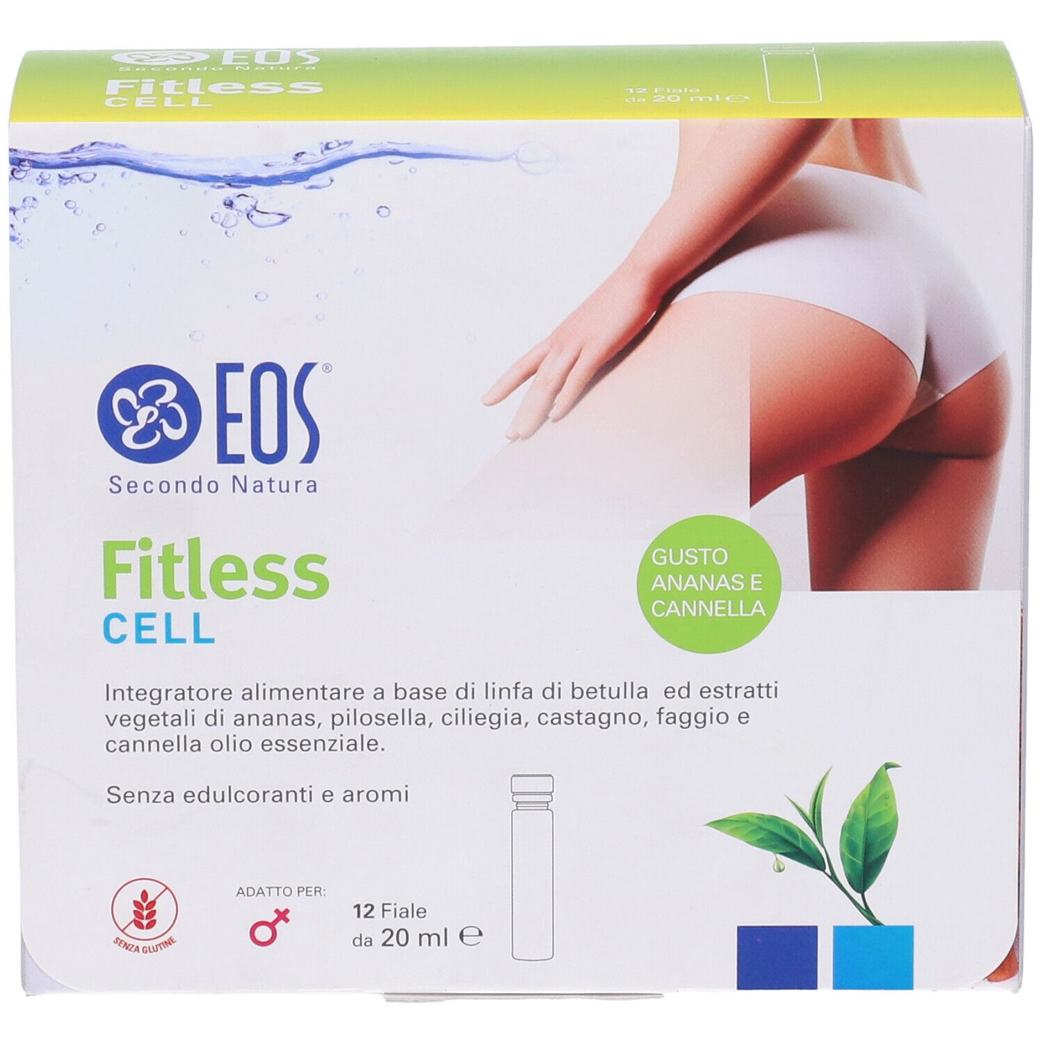 Confezione Eos Fitless Cell, 12 fiale da 20 ml. Logo e nome del prodotto visibili. Immagine di una donna. Gusto ananas e cannella.