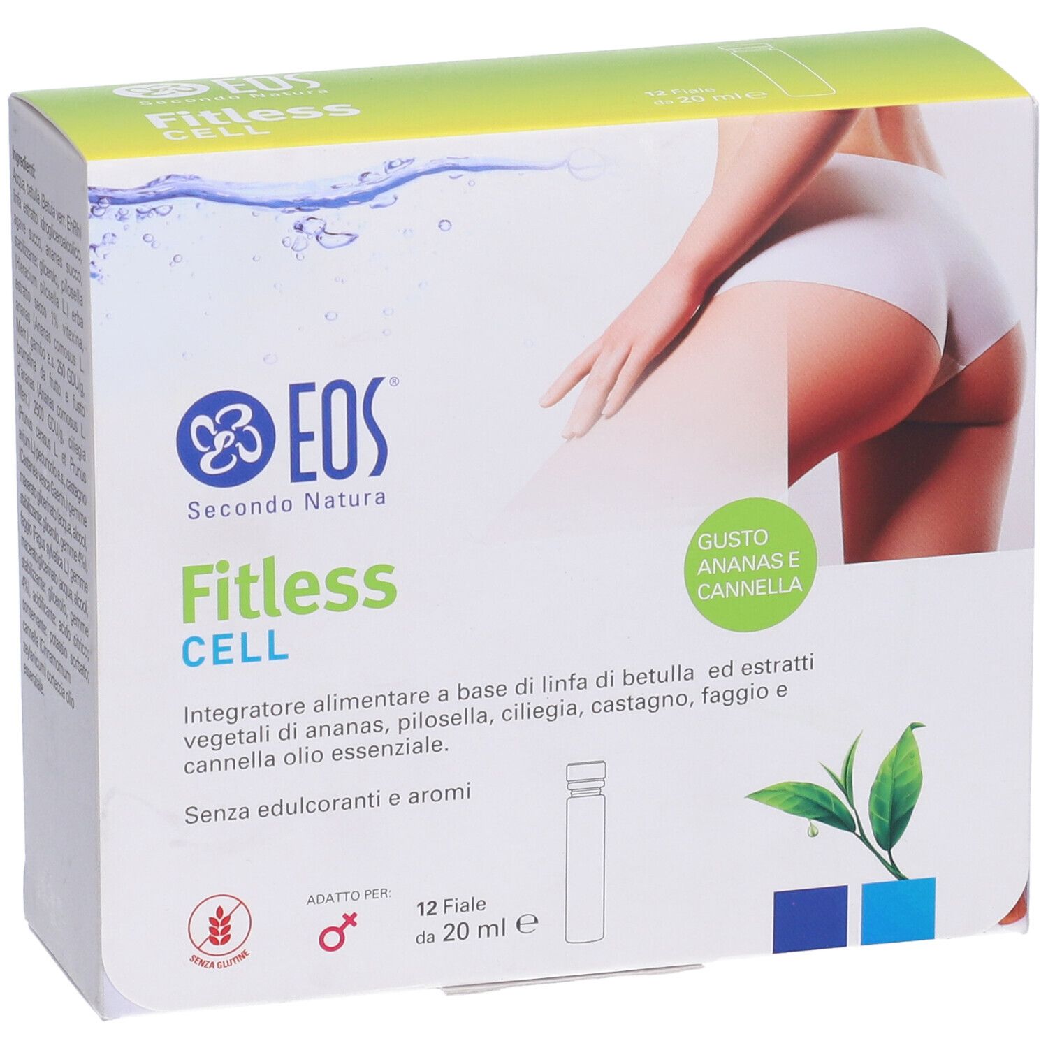 Confezione Eos Fitless Cell, 12 fiale da 20 ml. Logo e nome del prodotto visibili. Immagine di una donna. Gusto ananas e cannella.