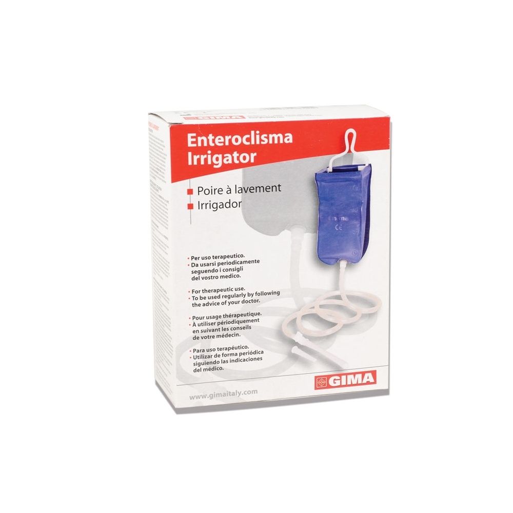 Confezione per Enteroclisma Irrigatore. Scatola rossa e bianca con immagine del prodotto e testo multilingue.