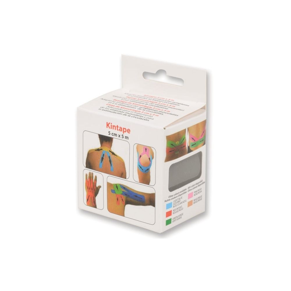Confezione Kintape. Scatola con illustrazioni di applicazioni. 5 cm x 5 m. Sfondo bianco.