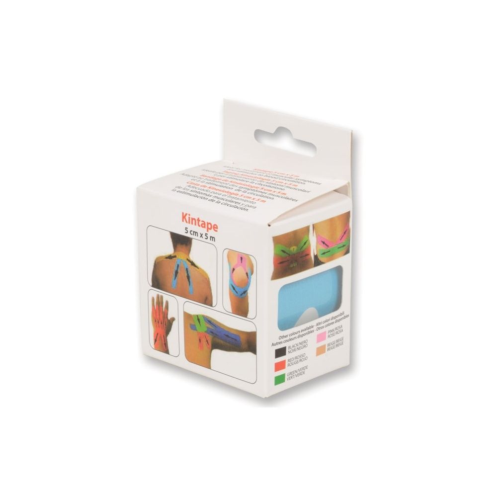 Confezione Kintape. Scatola bianca con immagini e testo. Nastro blu visibile.