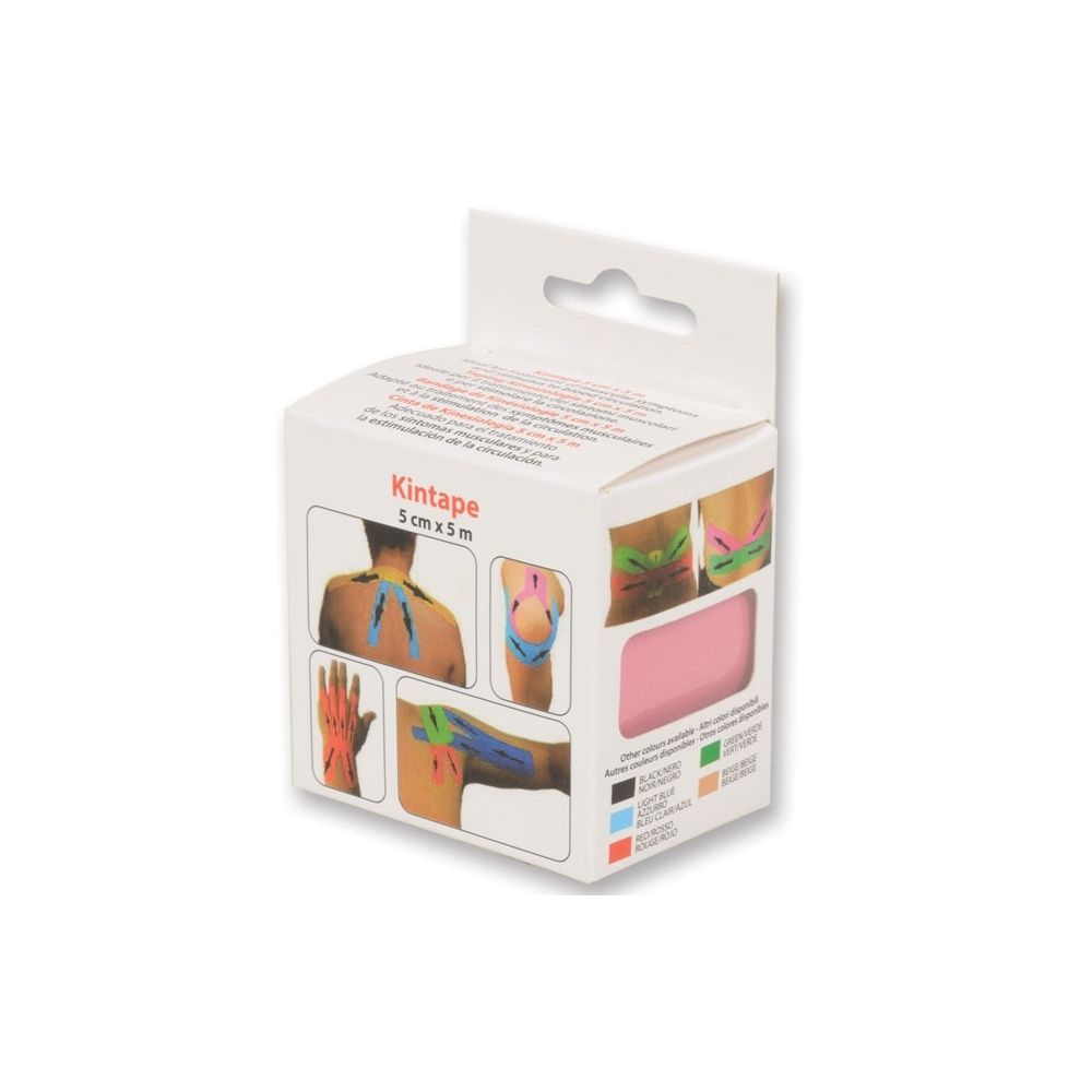 Confezione Kintape. Mostra il prodotto ed esempi di applicazione. Colore nastro rosa evidenziato.