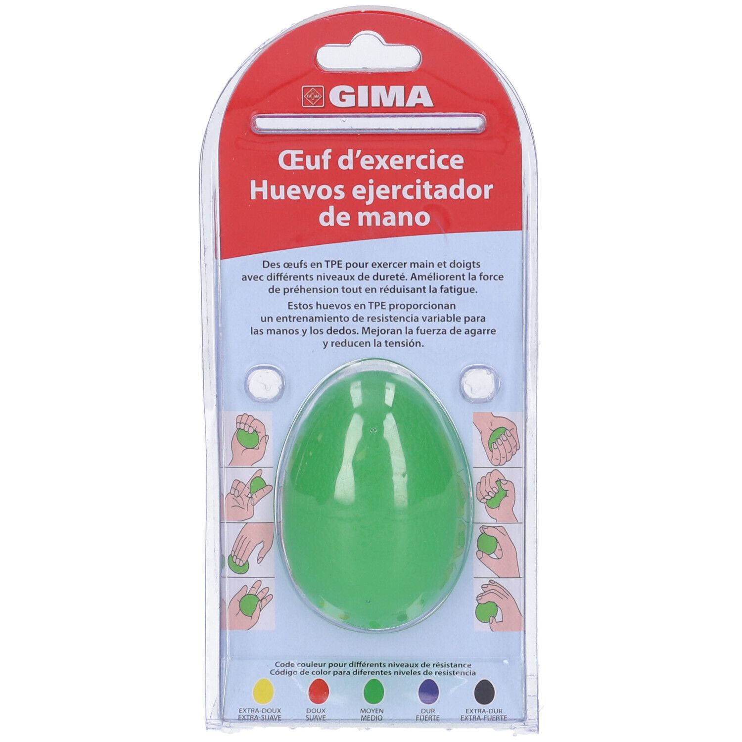 Uovo verde per esercizi in confezione blister. Logo GIMA in alto. Testo: Cœur d'exercice, Huevos ejercitador de mano.