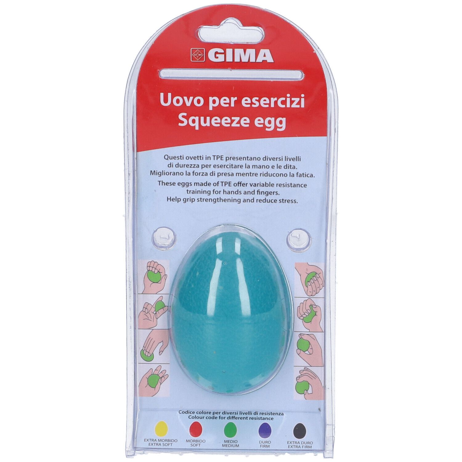 Uovo da esercizio blu in silicone, confezione blister. Logo GIMA in alto. Codice colore per resistenza.