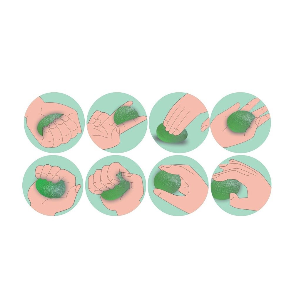 Illustrazioni di mani che tengono un uovo verde in varie posizioni.