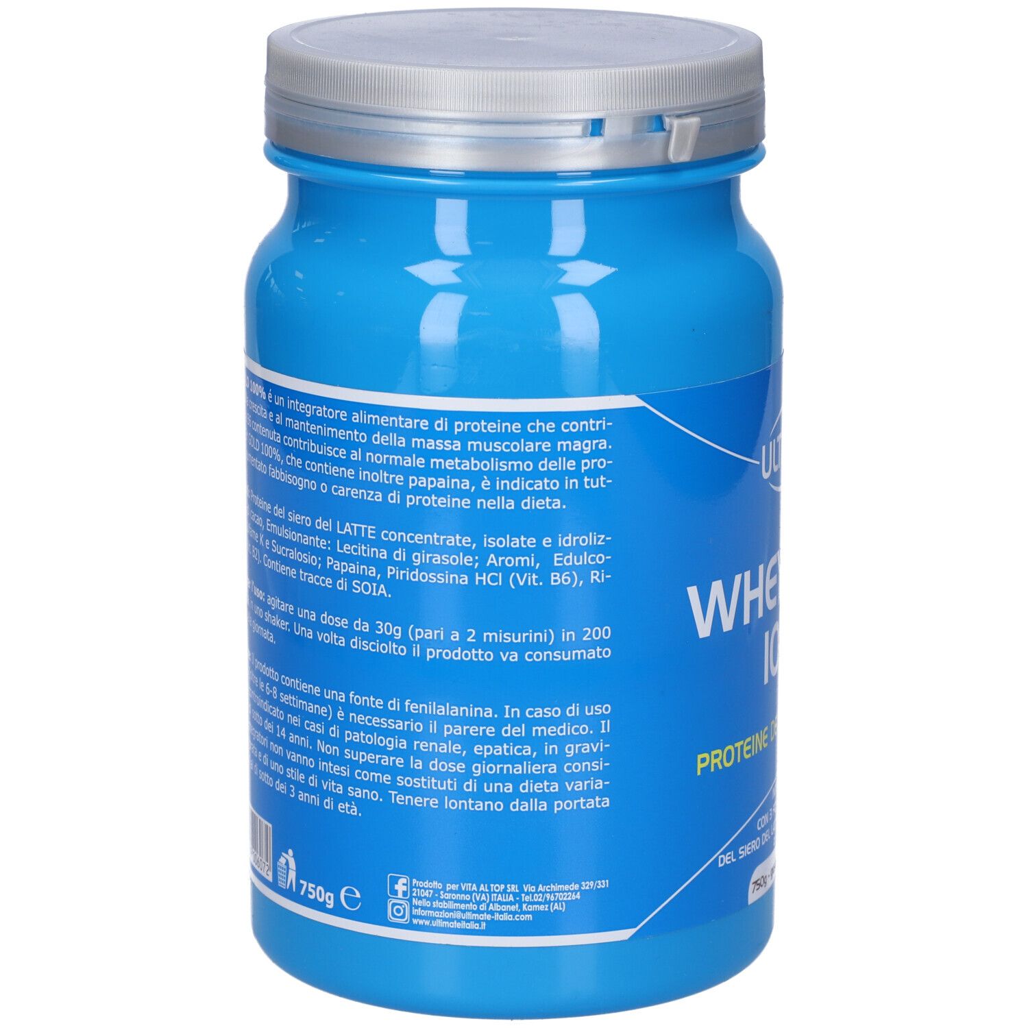 Barattolo blu, retro con testo. Ingredienti, informazioni nutrizionali e informazioni del produttore. Coperchio argentato.