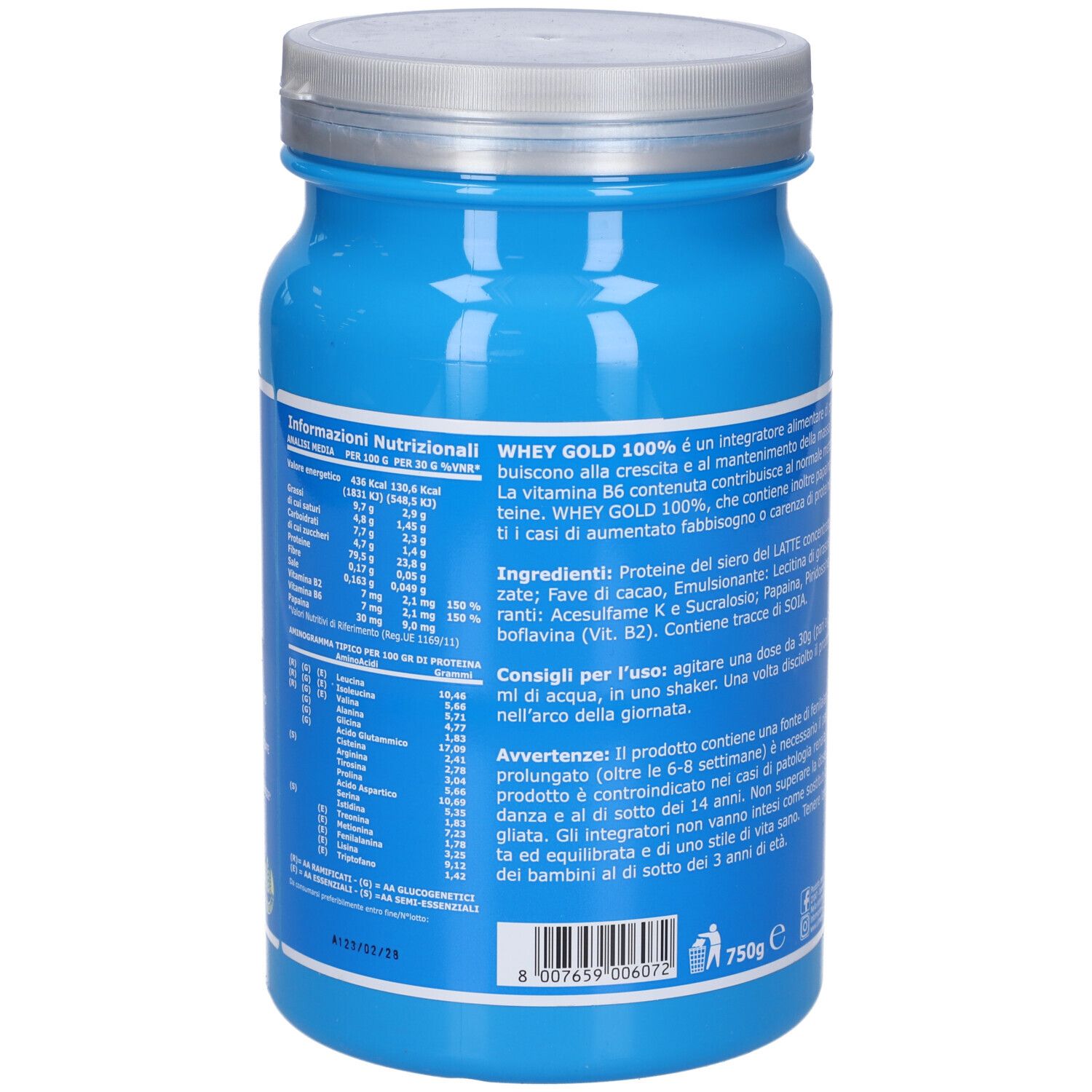 Barattolo blu, retro con testo. Informazioni nutrizionali e istruzioni per l'uso. Coperchio argentato.