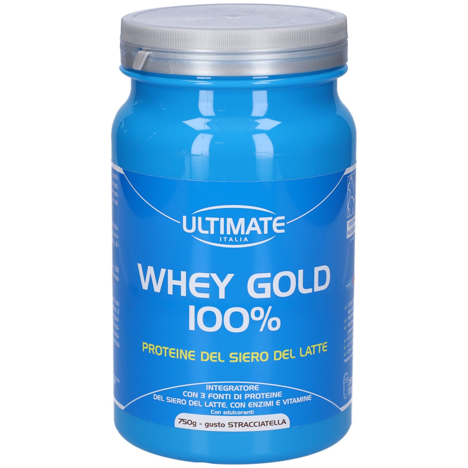 Barattolo blu con coperchio argentato. Scritta: Ultimate Italia, Whey Gold 100%, Proteine del siero del latte. 25x30g.
