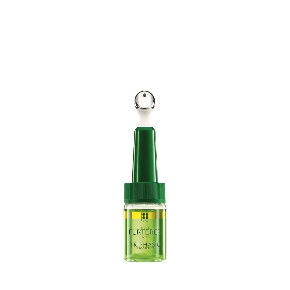 Flacone verde con applicatore. Nome del prodotto Triphasic. Liquido trasparente visibile.