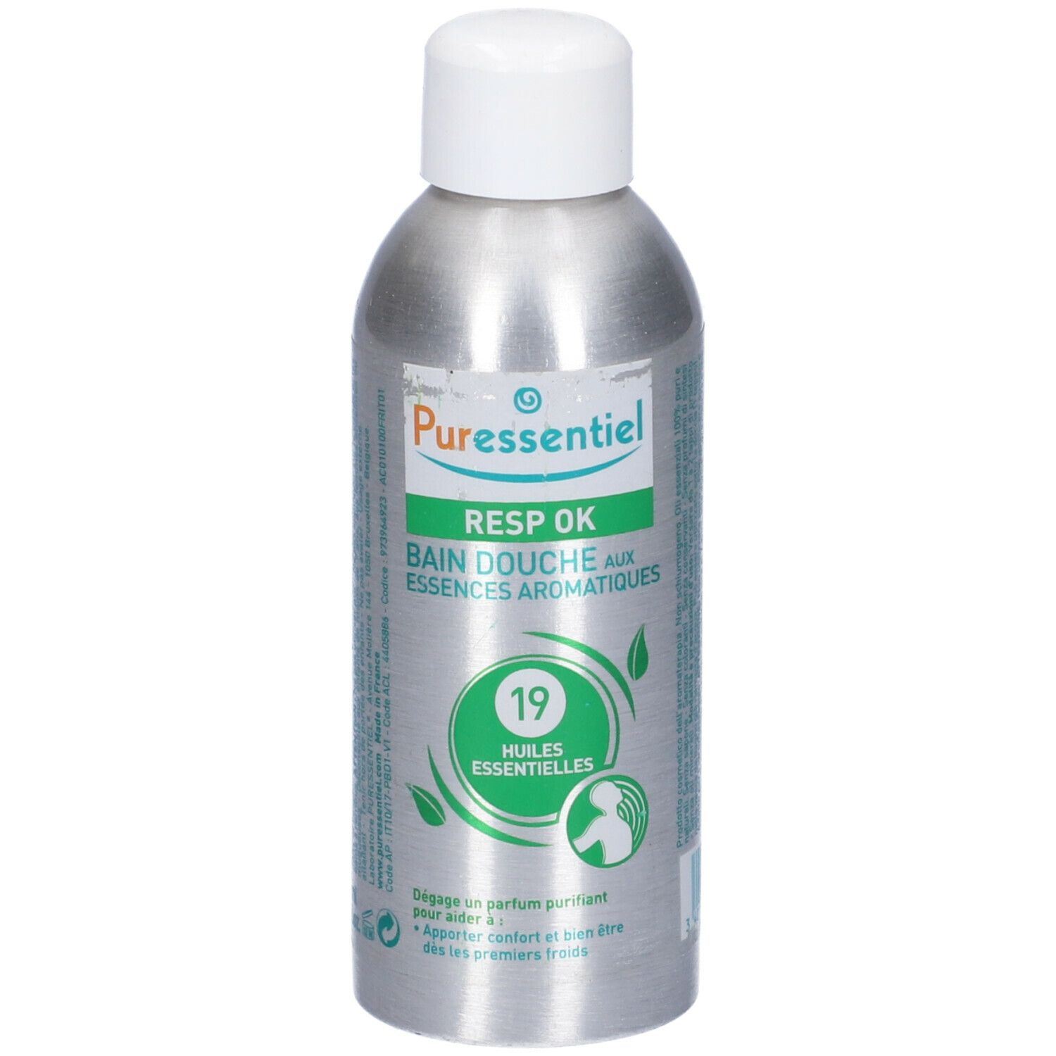 Flacone argento, tappo bianco. Scritte: Puresentiel, RESP OK, Bain Douche, 19 Huiles Essentielles. Simbolo bambino.